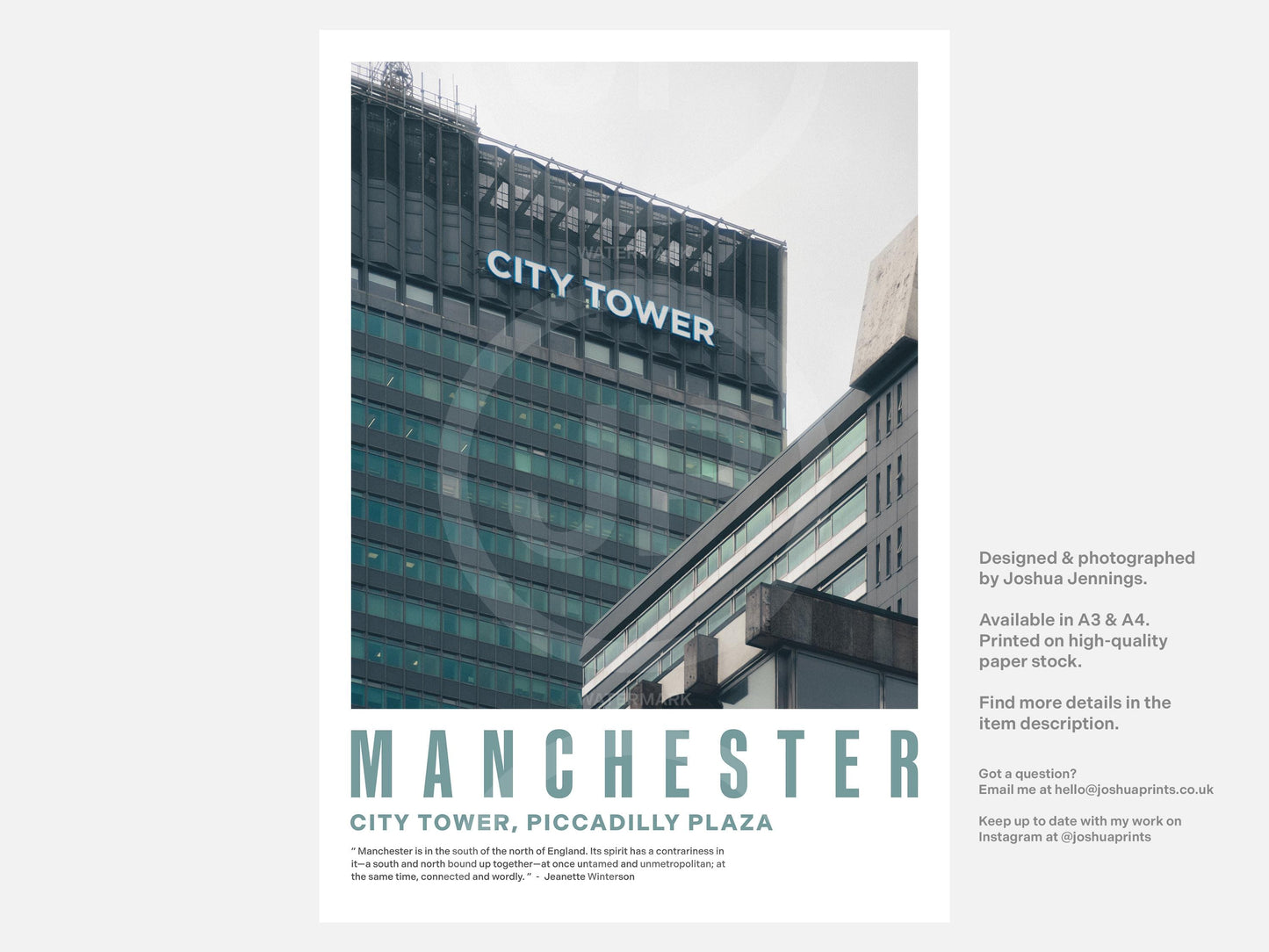 City Tower Print with Quote (A3/A4) - Manchester, UK - Modernist / Brutalist / Mid-Century / Architectural / Travel / Photographic Interest